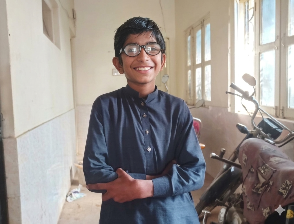 Asad, a young boy wearing glasses, smiling indoors